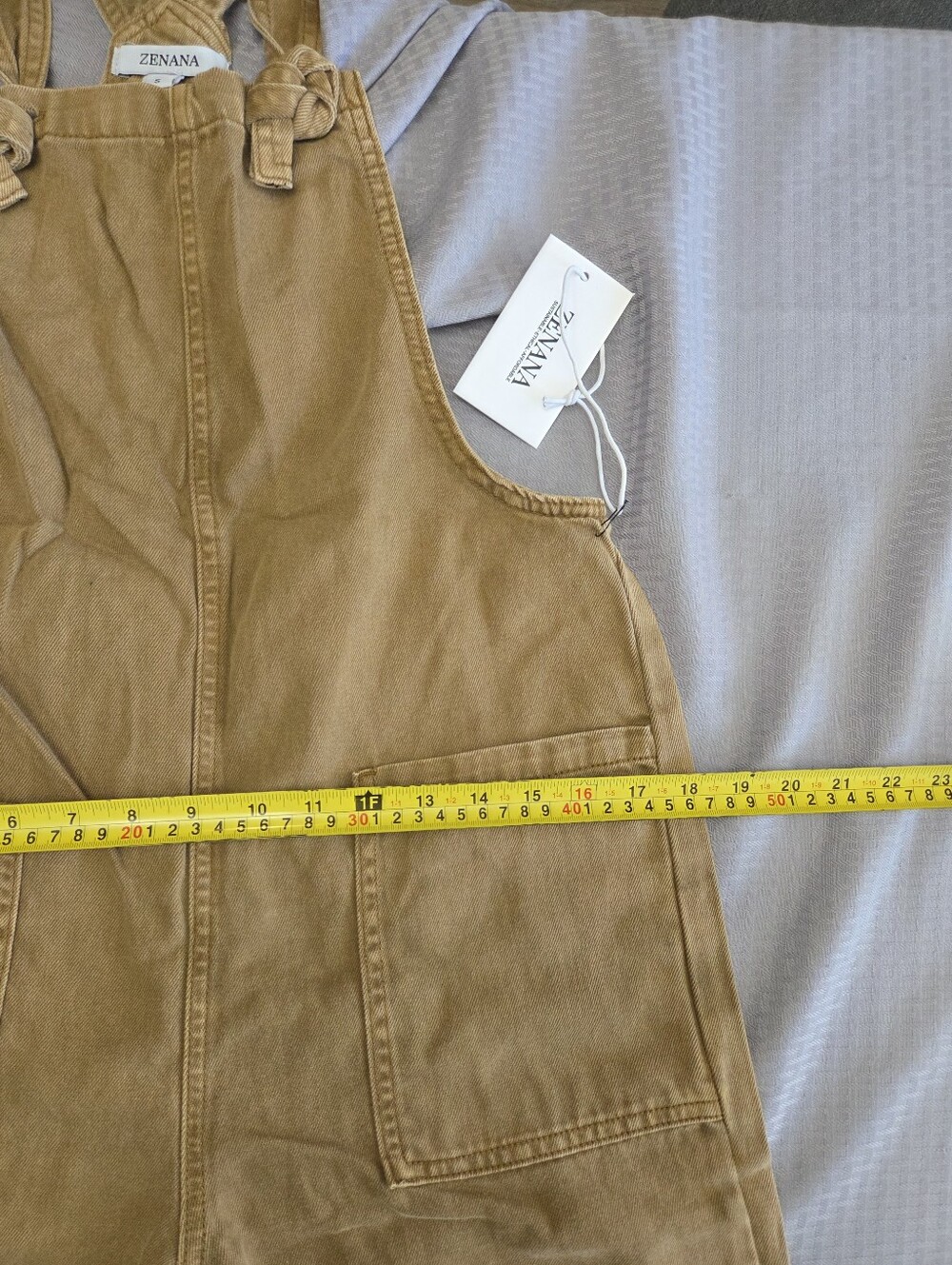 Zenana Womens Deep Camel Washed Denim Knot Strap Overalls WideLeg NEW-Size Small - Picture 12 of 12